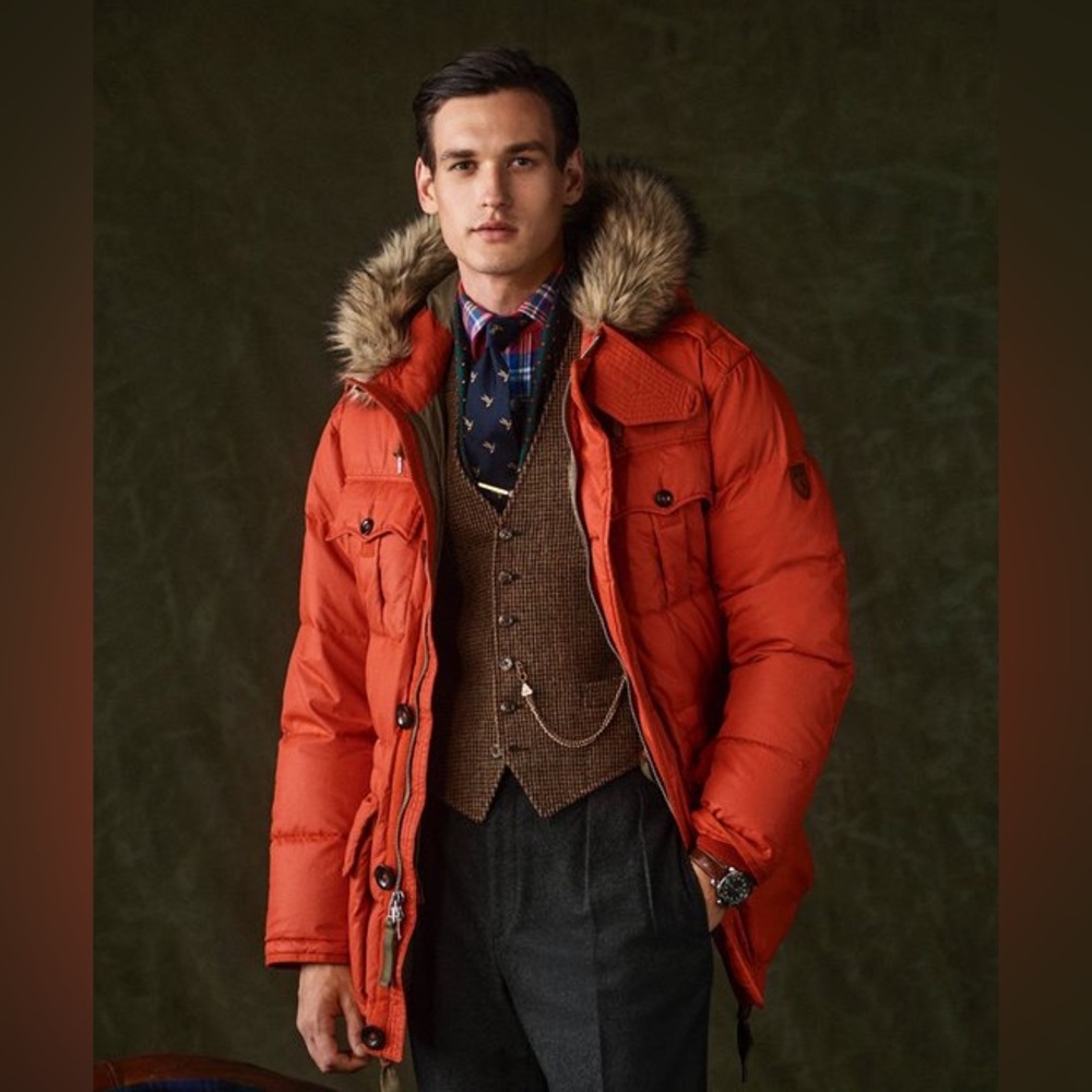 Polo Ralph Lauren LG Faux Fur Hooded Duck Down Parka Outdoor Orange Jacket
